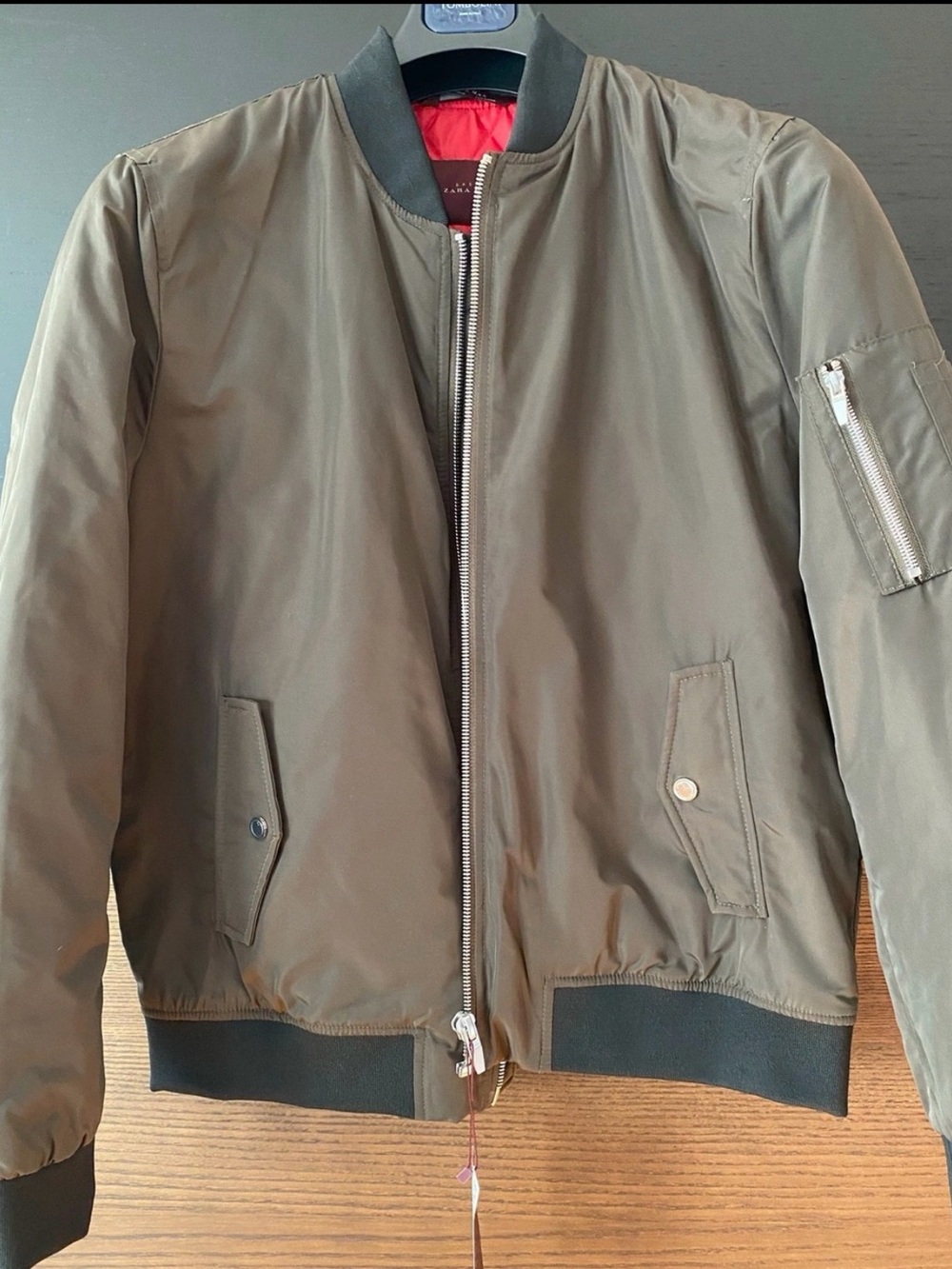 Zara Men's Olive Green Bomber Jacket with Red Lining
